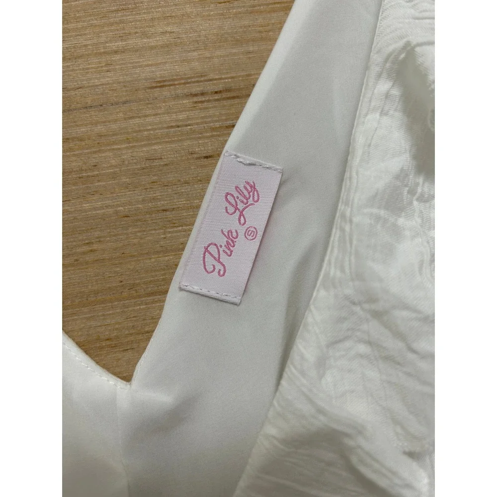 Pink Lily White Ruffle V Neck Tiered Mini Dress Sleeveless Small - Picture 2 of 5